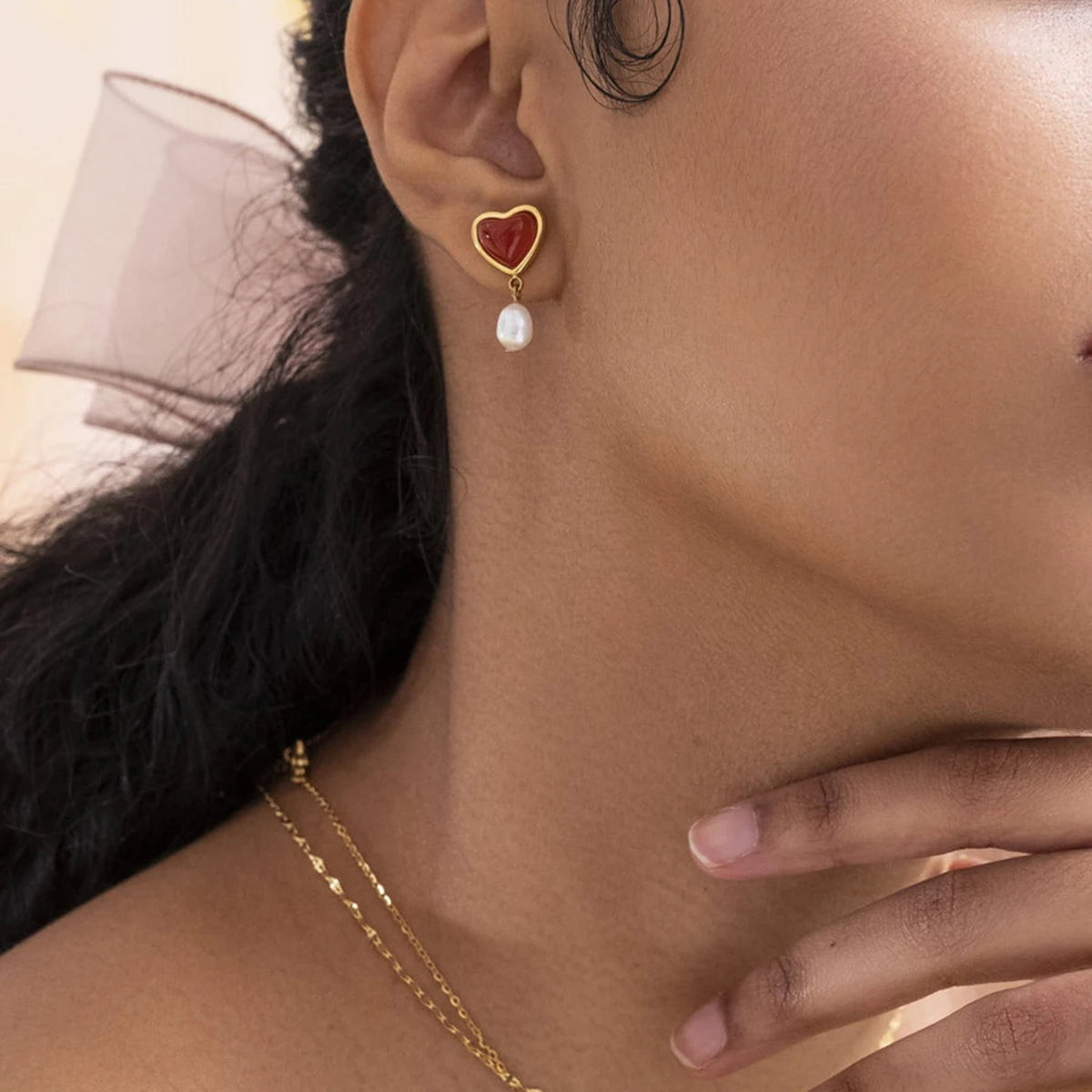 Uworld Carnelian Inlaid Love Natural Pearl Earrings Ring Stainless Steel Gold Color Trendy Fashion Jewelry Valentine's Day gift