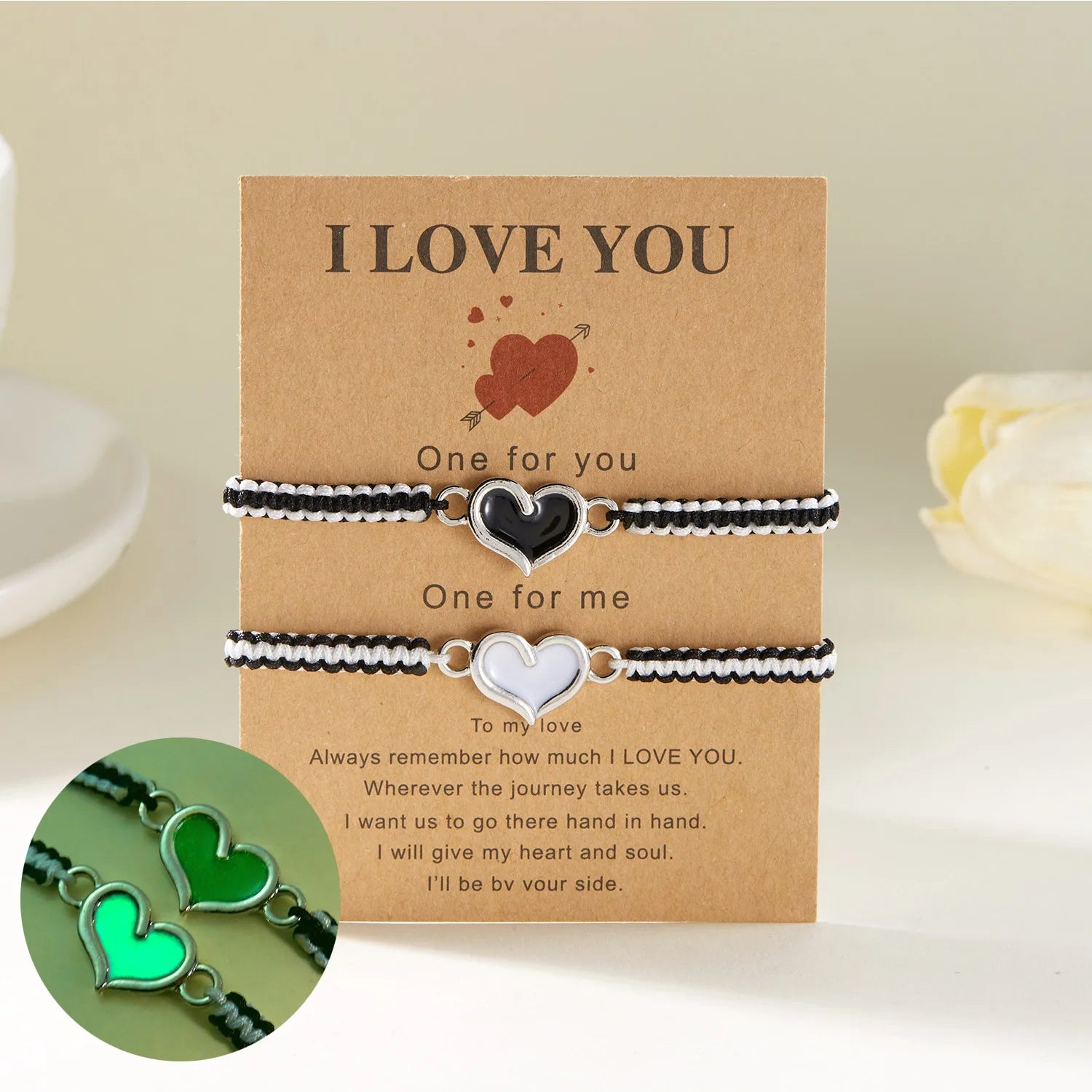 2Pcs Luminous Love Heart Couple Bracelet Handmade Braided Rope Matching Bracelets Lover Friendship Valentine's Day Jewelry Gifts