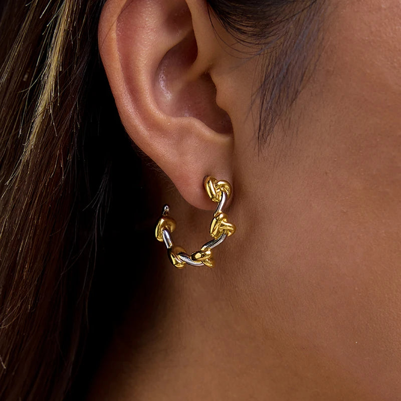 Uworld Personalized Designer Classic 18K Gold Color Plated Stainless Steel Double Tone Knot C-ring Earrings For Women's Jewelry