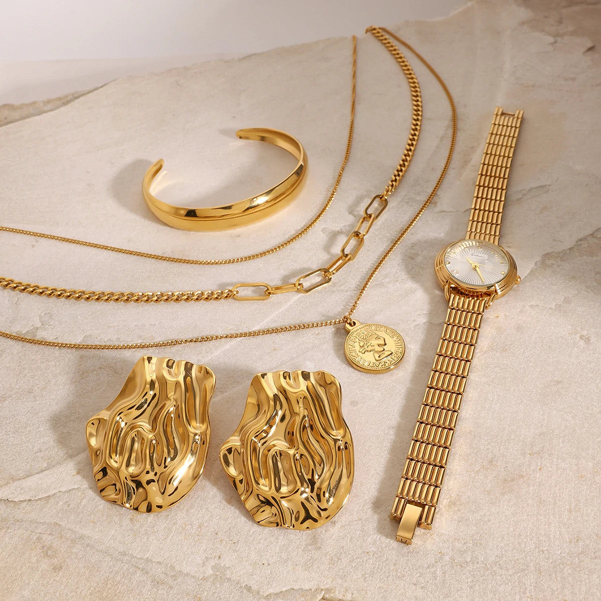 Uworld Fashion Stacked Necklace Watch Wrinkled Earrings Adjustable Bracelet Women's Jewelry Gift for Her