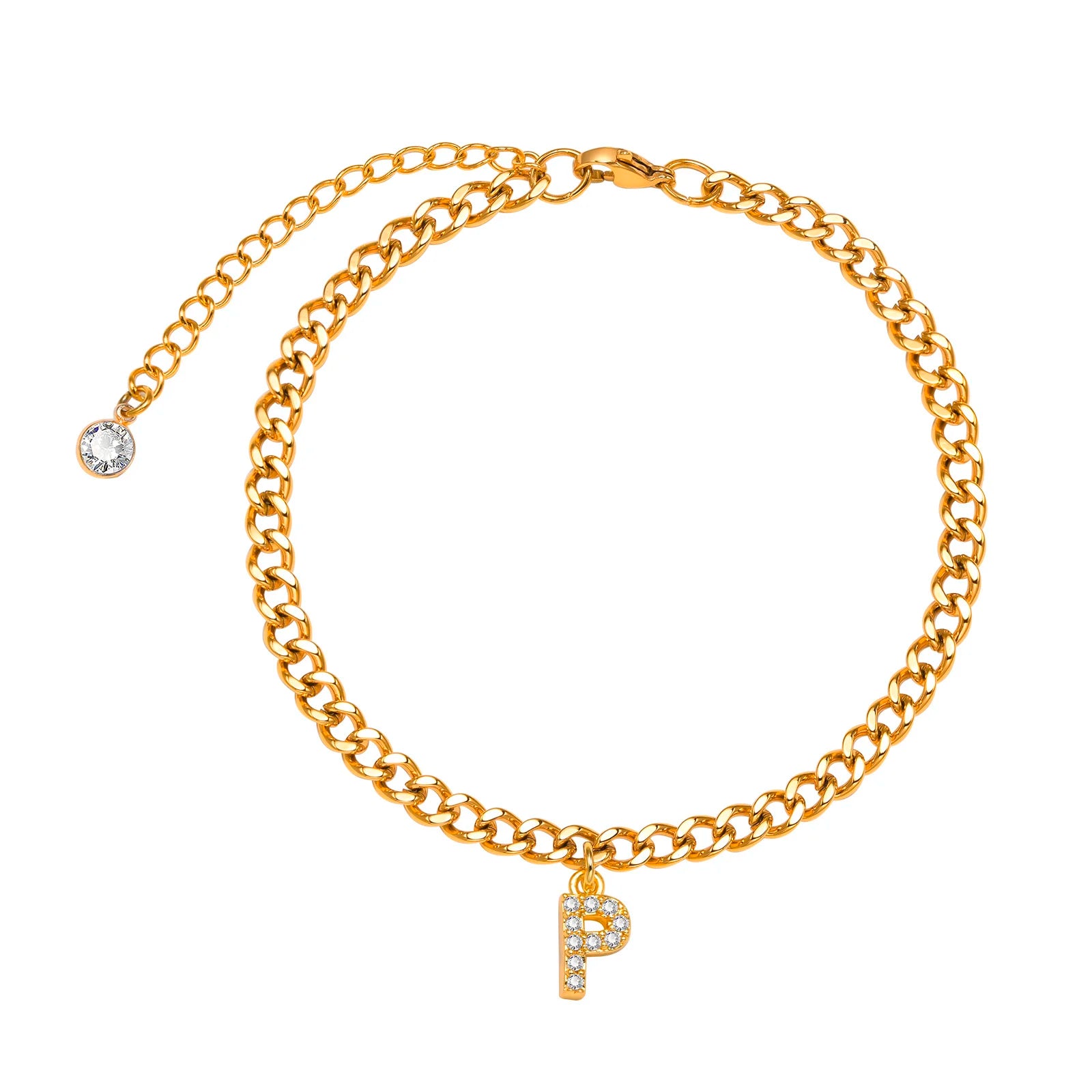 A - Z Cubic Zirconia Intinal Letter Anklet Bracelets for Women, Adjustable Stainless Steel Cuban Link Foot Chain Beach Jewelry