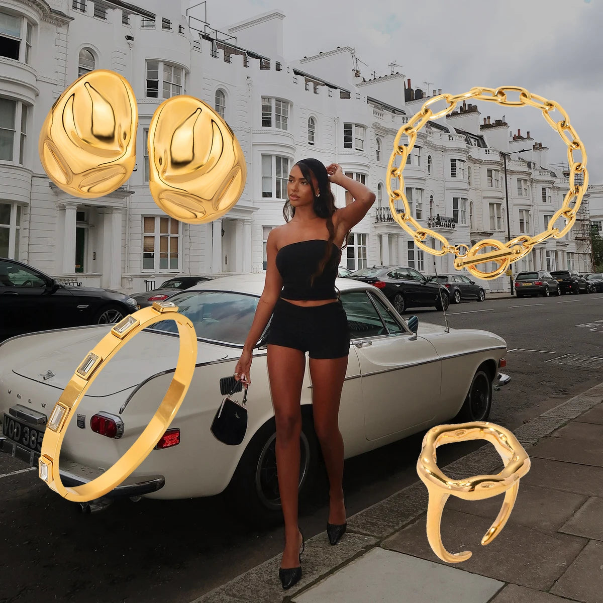 Uworld Texture Large Earrings Zircon Bracelet Stacked Chain Adjustable Jewelry Women's Jewelry Gift for Her