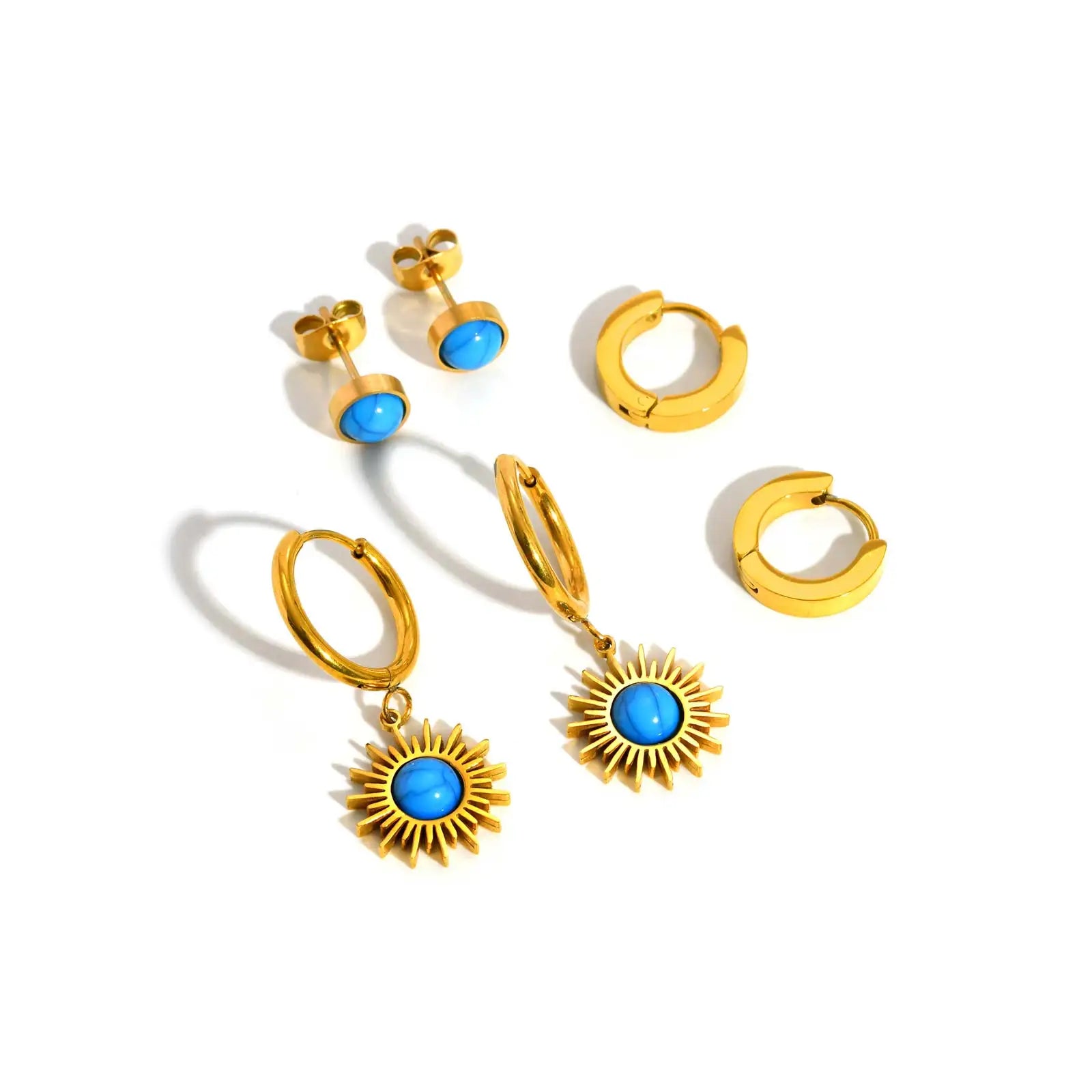 3 Pairs Turquoise Stud Earrings for Women,Gold Plated Natural Stone Stainless Steel Earrings,Trendy Set Geometric Jewelry Gifts