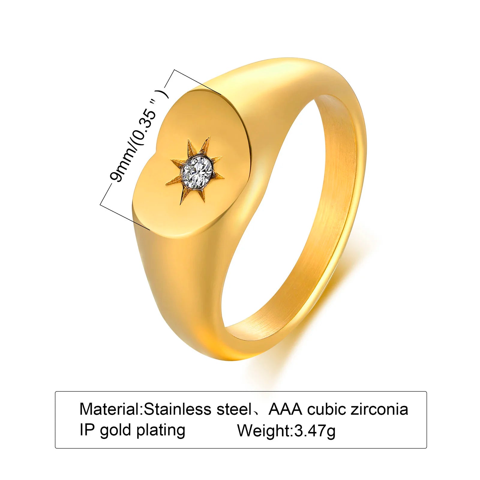 Stainless Steel Sunshine Signet Pinky Ring, Cubic Zirconia Inlay Ring Gold Plated, Non-Tarnish Fashion Jewelry