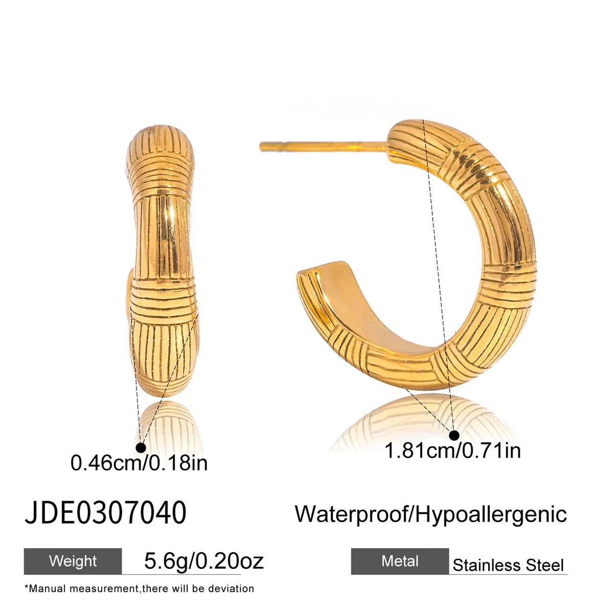 Uworld 18K PVD Gold Color Stainless Steel Ribbed C-Ring Earrings Women's Jewelry Waterproof Jewelry Accessory