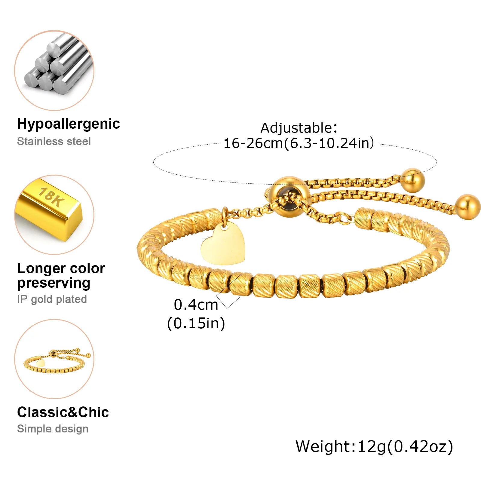 High Quality Beads Heart Charm Bracelets For Women Men Adjustable Stainless Steel Couple Jewelry Fashion Valentine's Day Gift