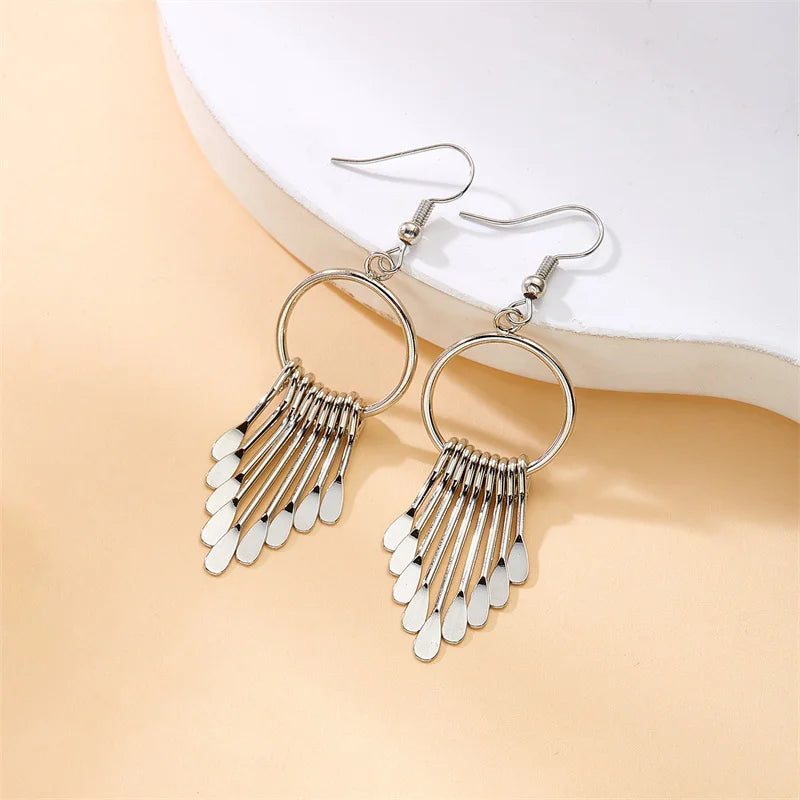 Luxury Gold Color Metal Tassel Dangle Earrings for Women Geometric Round Water Drop Long Fringe Drop Earring Bohemian Jewelry