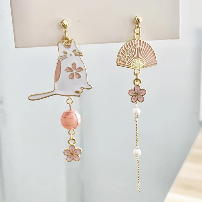 Fashion Moon Stars Cute Animal Cat Asymmetric Earring Sweet Flowers Kitten Fan Tassel Pendant Earrings Girl Temperament Jewelry