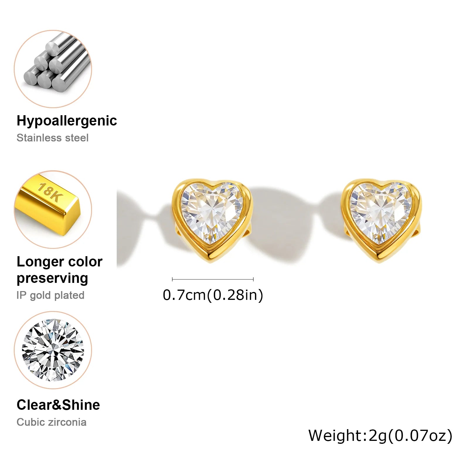 Light Luxury White Zircon Heart-shaped Stud Earrings for Women,Gold Color Stainless Steel Earrings,Trendy Jewelry Gift