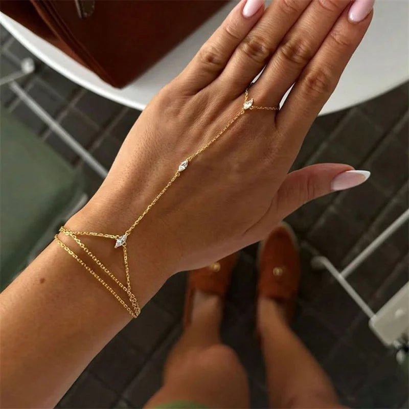 Stainless Steel Multilayer Zircon Connected Finger Ring Bracelets for Women Handmade Thin Link Chain Bracelet Party Jewelry Gift