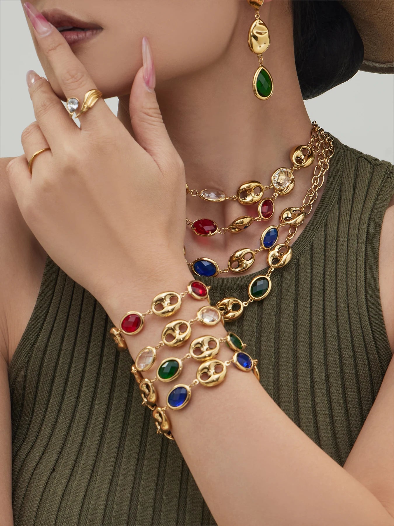 Nivora Excellent Colorful Glass Necklaces Bracelets For Women Stainless Steel Hollow Pig Nose Ring Chain Wedding Jewelry Sets