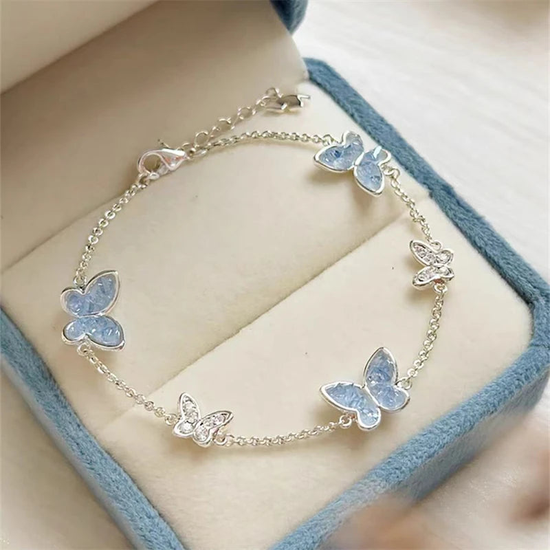 New Luxury Shiny Zircon Butterfly Stud Earrings For Women Blue Double Butterfly Temperament Earring Ladies Party Jewelry Gifts