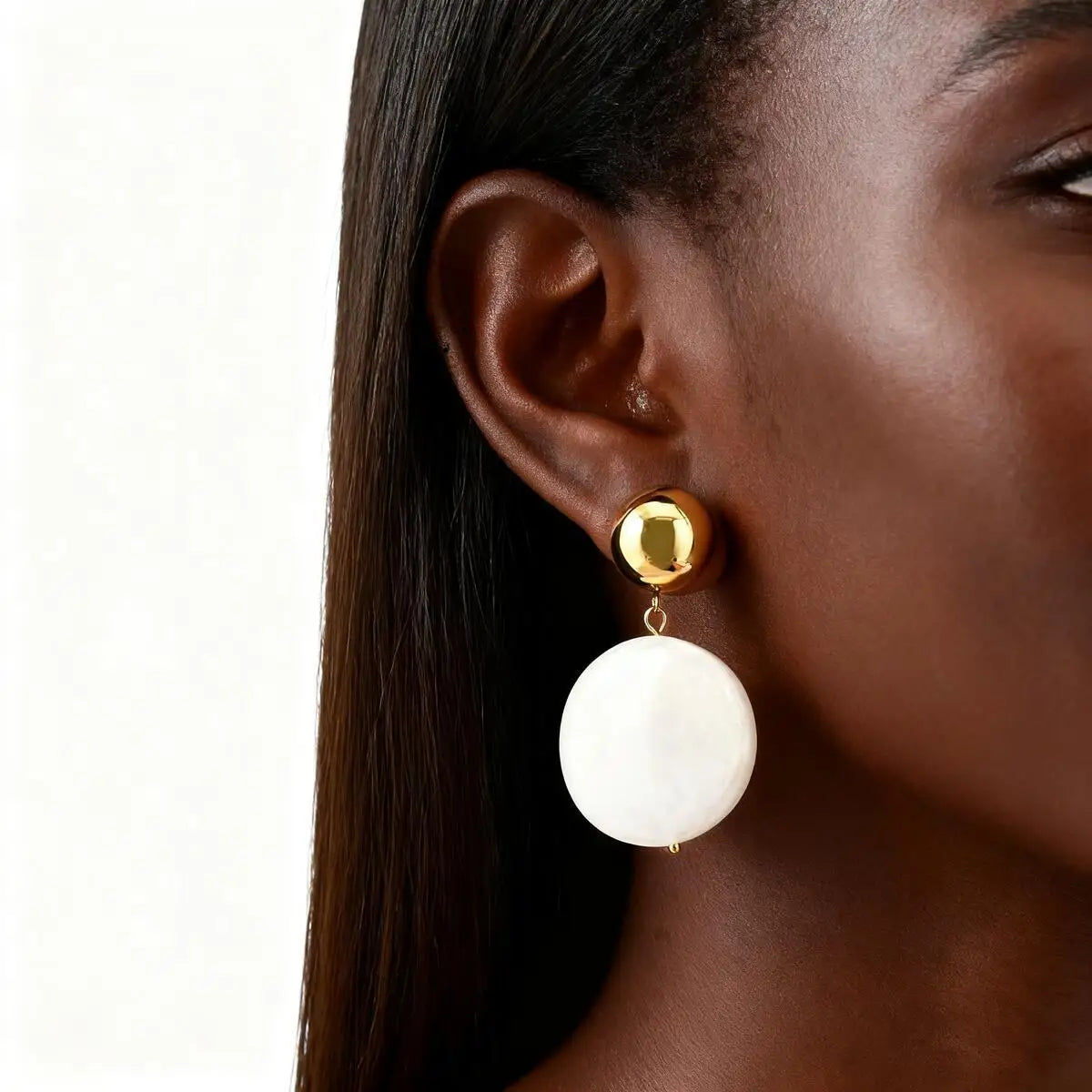 Minimalist Two-tone Geometric Drop Earrings: Gold Plated Half Pearl & Milky Resin Circle Dangle Earring for Women