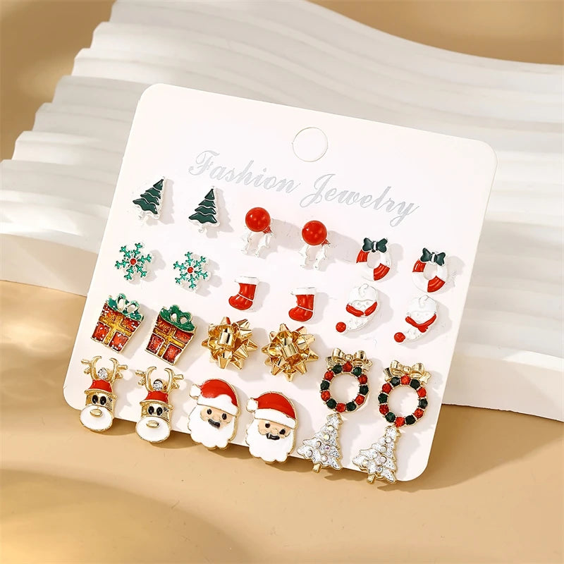 6-12 Pair Christmas Earrings For Women Xmas Tree Elk Snowman Santa Claus Snowflake Stud Earring Set New Year Party Jewelry Gift