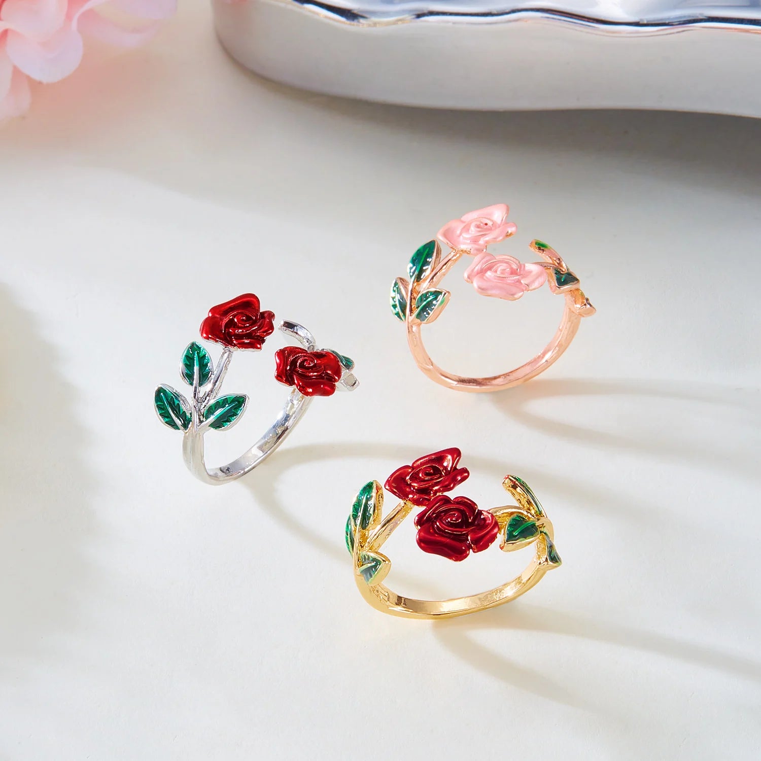 Retro Red Rose Flower Bracelet Ring Set For Women Vintage Drip Oil Open Adjustable Cuff Bangle Finger Ring Party Wedding Jewelry