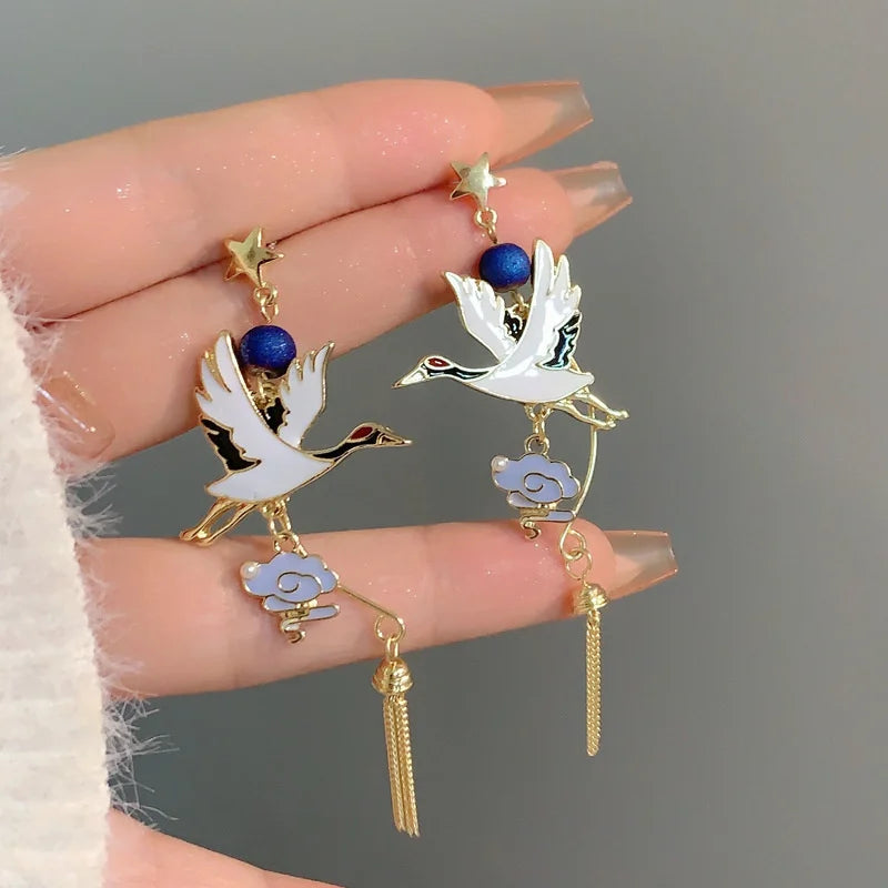 Chinese Style Cloud Crane Dangle Earrings For Women Asymmetric Long Tassel Cute Rabbit Flower Cartoon Earring Party Jewelry Gift