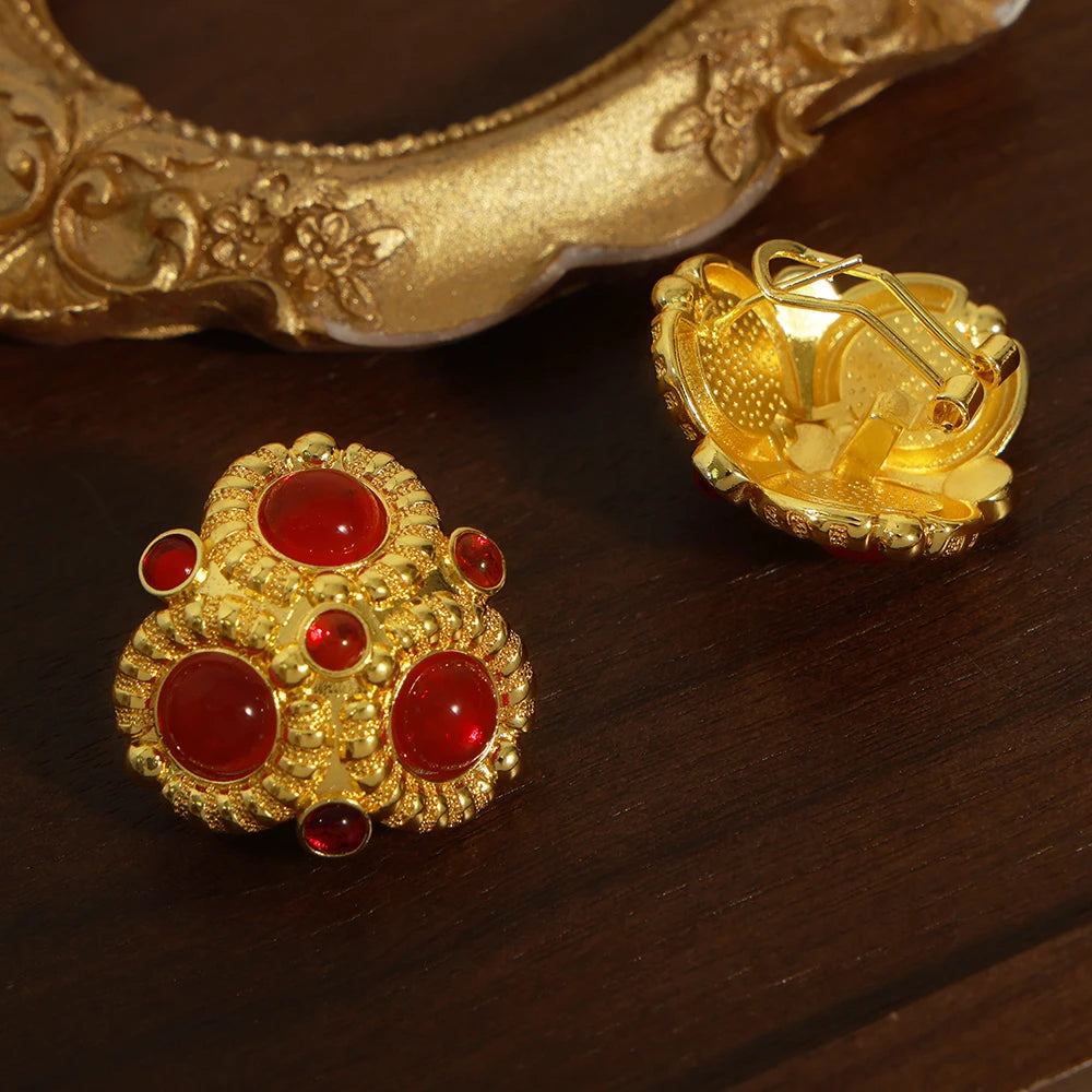 Luxury Gold Color Copper Stud Earrings For Women Red Agate Earrings Women Wedding Waterproof Jewelry Gifts