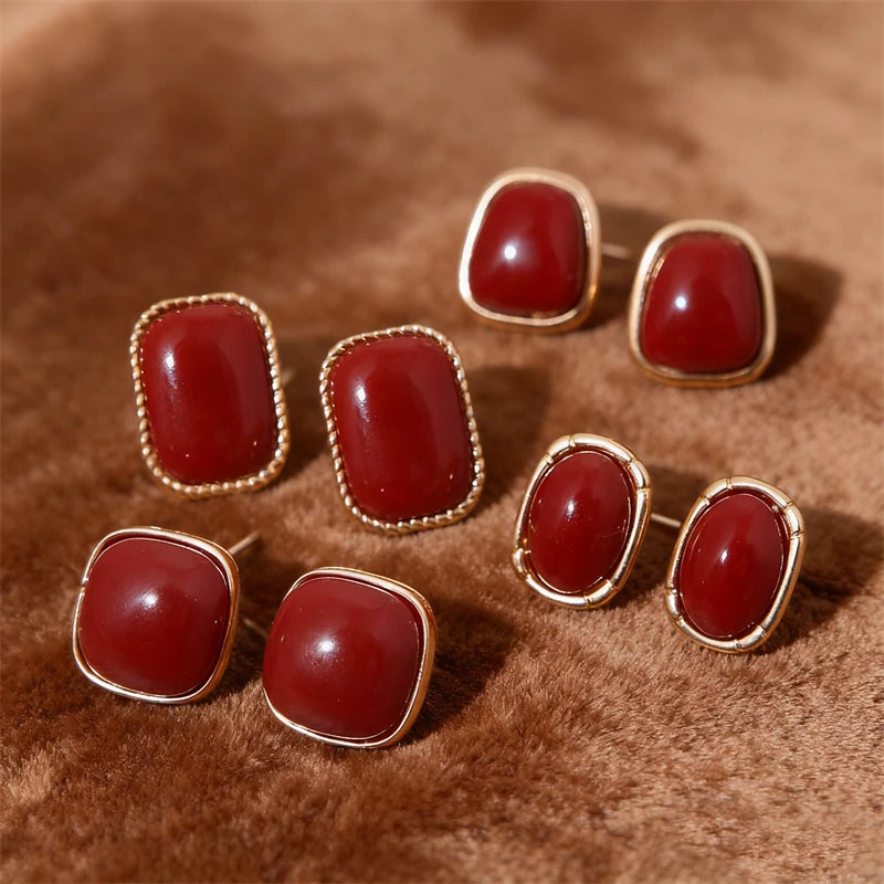 4/5 Pair Vintage Enamel Wine Red Metal Stud Earring Set For Women Fashion Pearl Flower Heart Geometric Square Earrings Jewelry