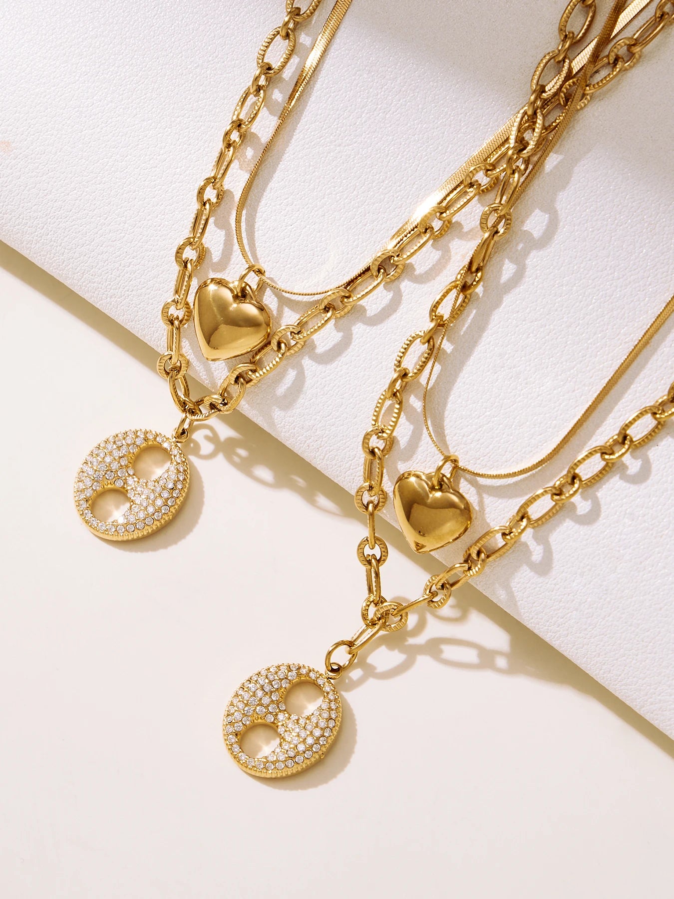 Nivora Cubic Zirconia Pig Nose Ring Women Necklaces Stainless Steel Heart Double Chain PVD Gold Plated Collar Choker Jewelry