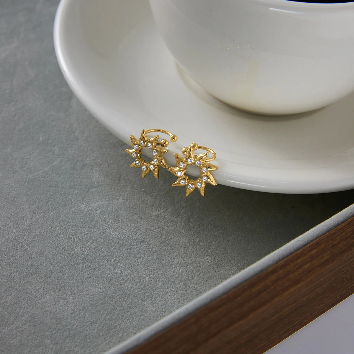 Uworld Classic Minimalist 18K Gold Color Plated Inlay White Rhinestone Sun Shape Ear Clip Hypoallergenic Stainless Steel Jewelry