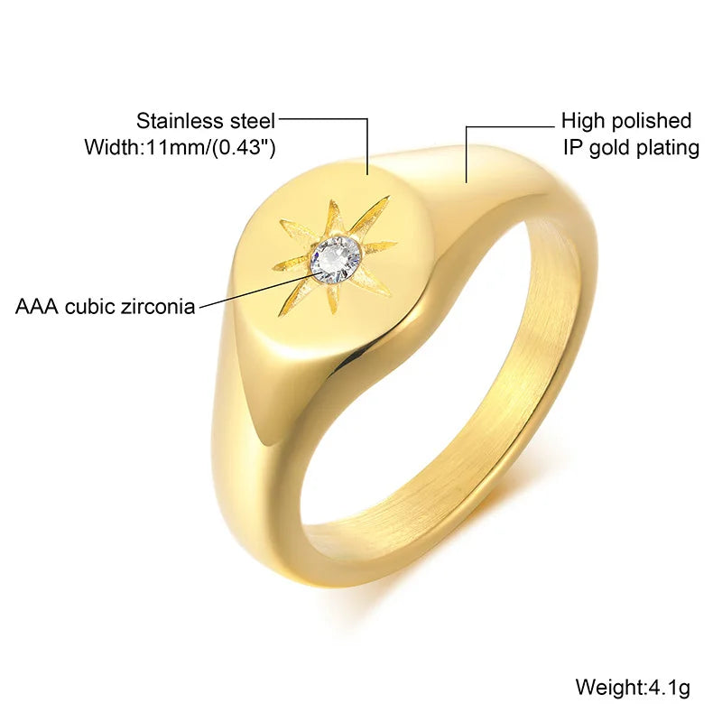 Stainless Steel Sunshine Signet Pinky Ring, Cubic Zirconia Inlay Ring Gold Plated, Non-Tarnish Fashion Jewelry
