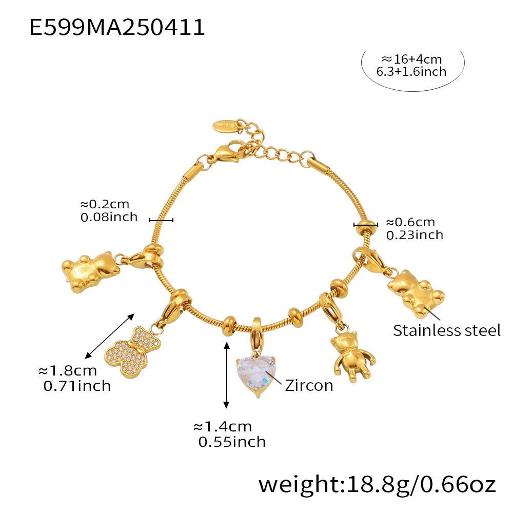 Nivora Cute Little Bear Pendant Heart Zircon Stainless Steel Snake Chian Bracelets For Women Gold Plated Charm Bracelet Jewelry