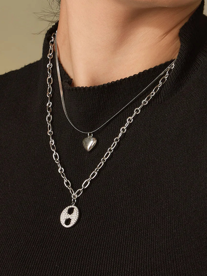 Nivora Cubic Zirconia Pig Nose Ring Women Necklaces Stainless Steel Heart Double Chain PVD Gold Plated Collar Choker Jewelry