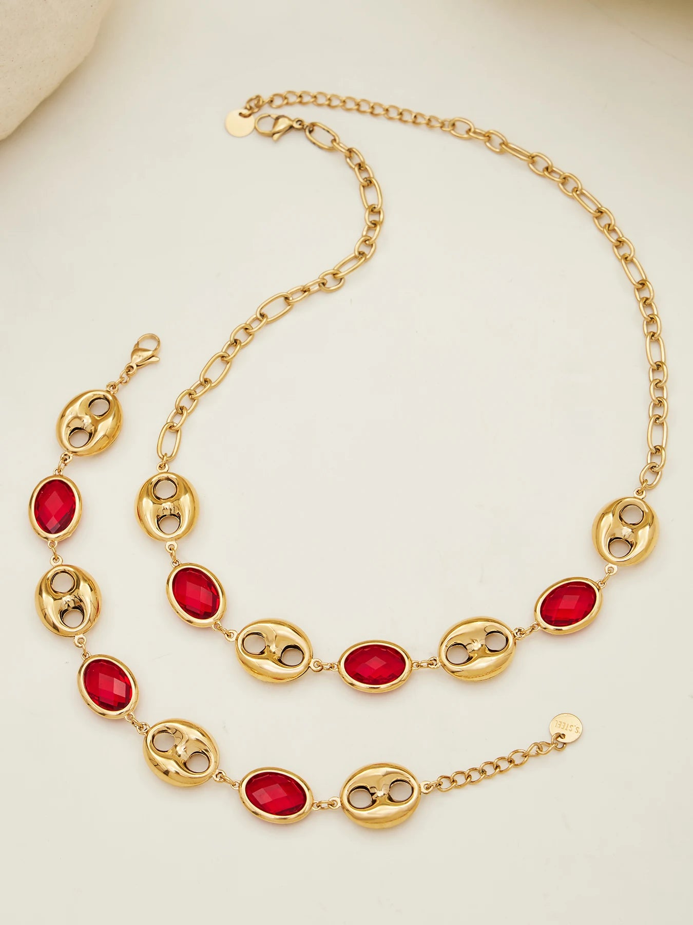 Nivora Excellent Colorful Glass Necklaces Bracelets For Women Stainless Steel Hollow Pig Nose Ring Chain Wedding Jewelry Sets