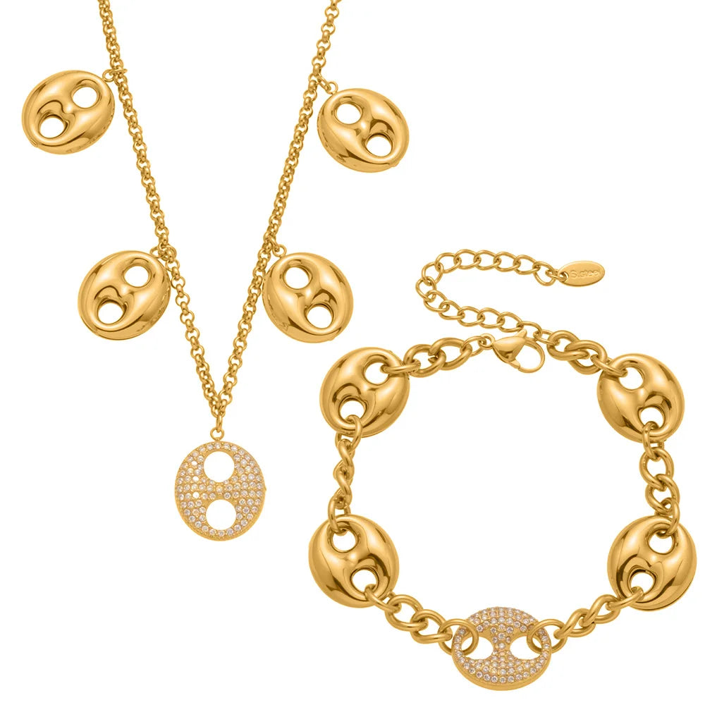 Nivora Cubic Zirconia Pig Nose Ring Necklaces Bracelets for Women Stainless Steel Chain 18K PVD Gold Plated Party Charm Jewelry