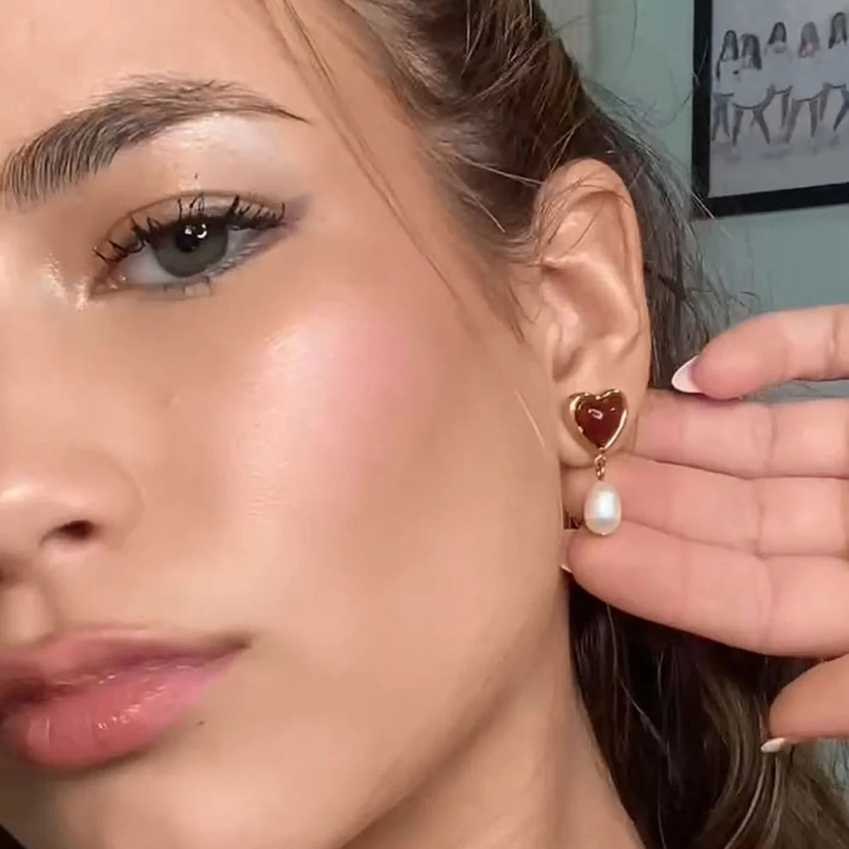 Uworld Carnelian Inlaid Love Natural Pearl Earrings Ring Stainless Steel Gold Color Trendy Fashion Jewelry Valentine's Day gift