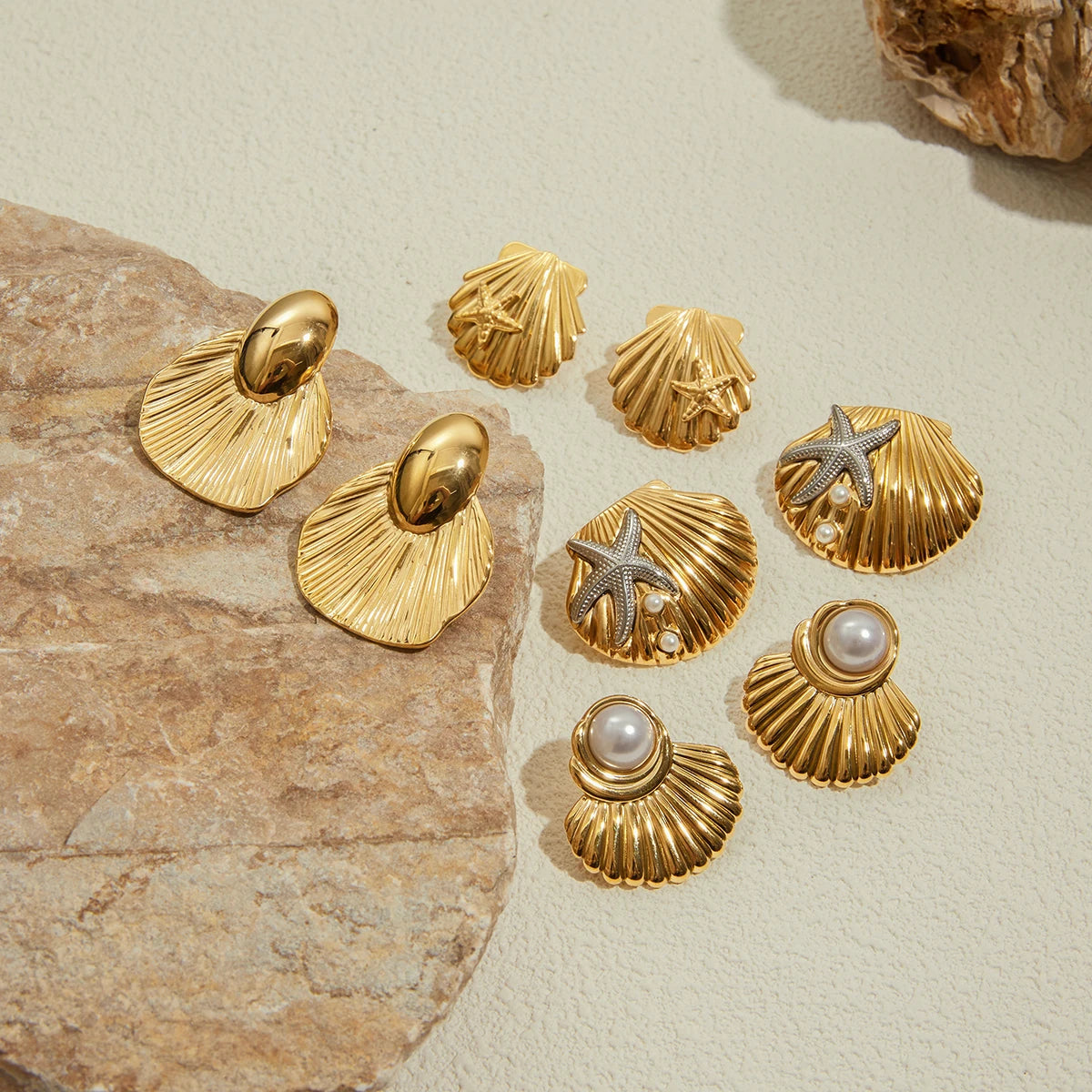 Uworld Ocean Vacation Style 18K Gold Color Plated Stainless Steel Waterproof Starfish Shell Ear Studs Pearl Conch Earrings Women