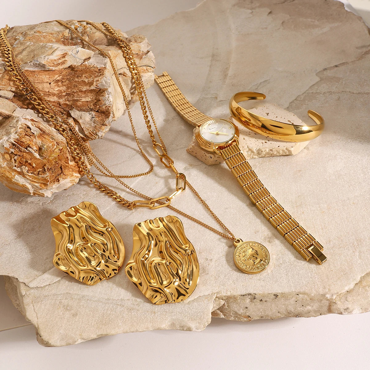 Uworld Fashion Stacked Necklace Watch Wrinkled Earrings Adjustable Bracelet Women's Jewelry Gift for Her