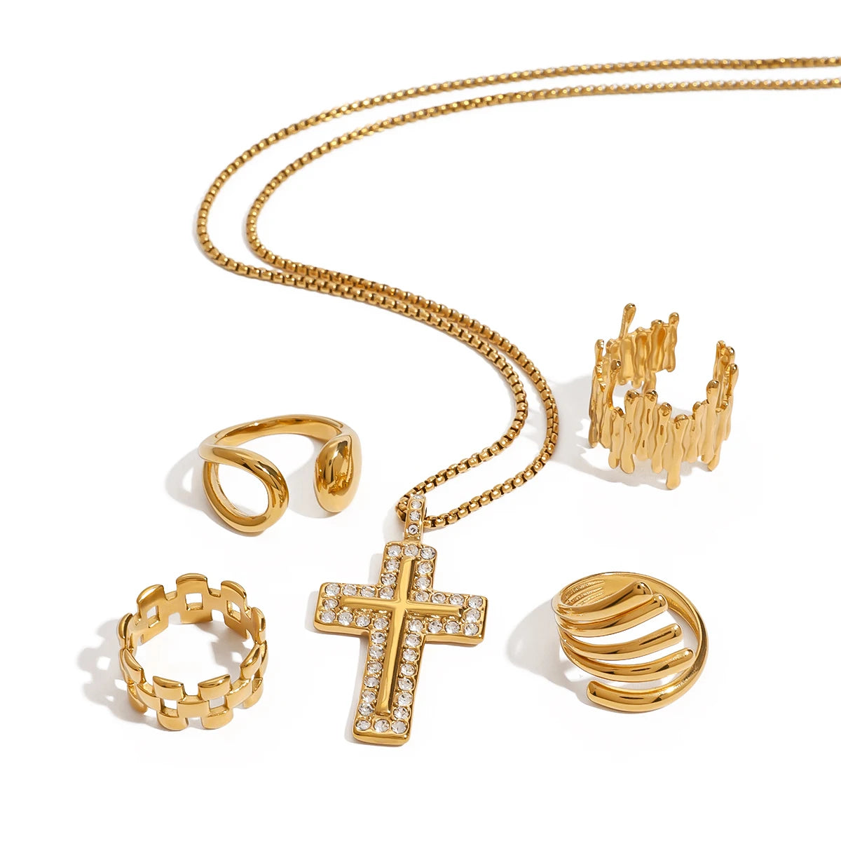 Uworld Fashion 5pcs Stacked Ring Jewelry Set Cross Necklace Linear Ring Women's Jewelry Gift for Her
