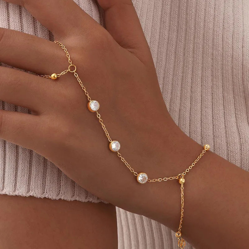 Stainless Steel Hand Chain Bracelet Ring for Women, 18k Gold Plated Bracelets Link Adjustable, Fashion Party Elegant Jewerlry