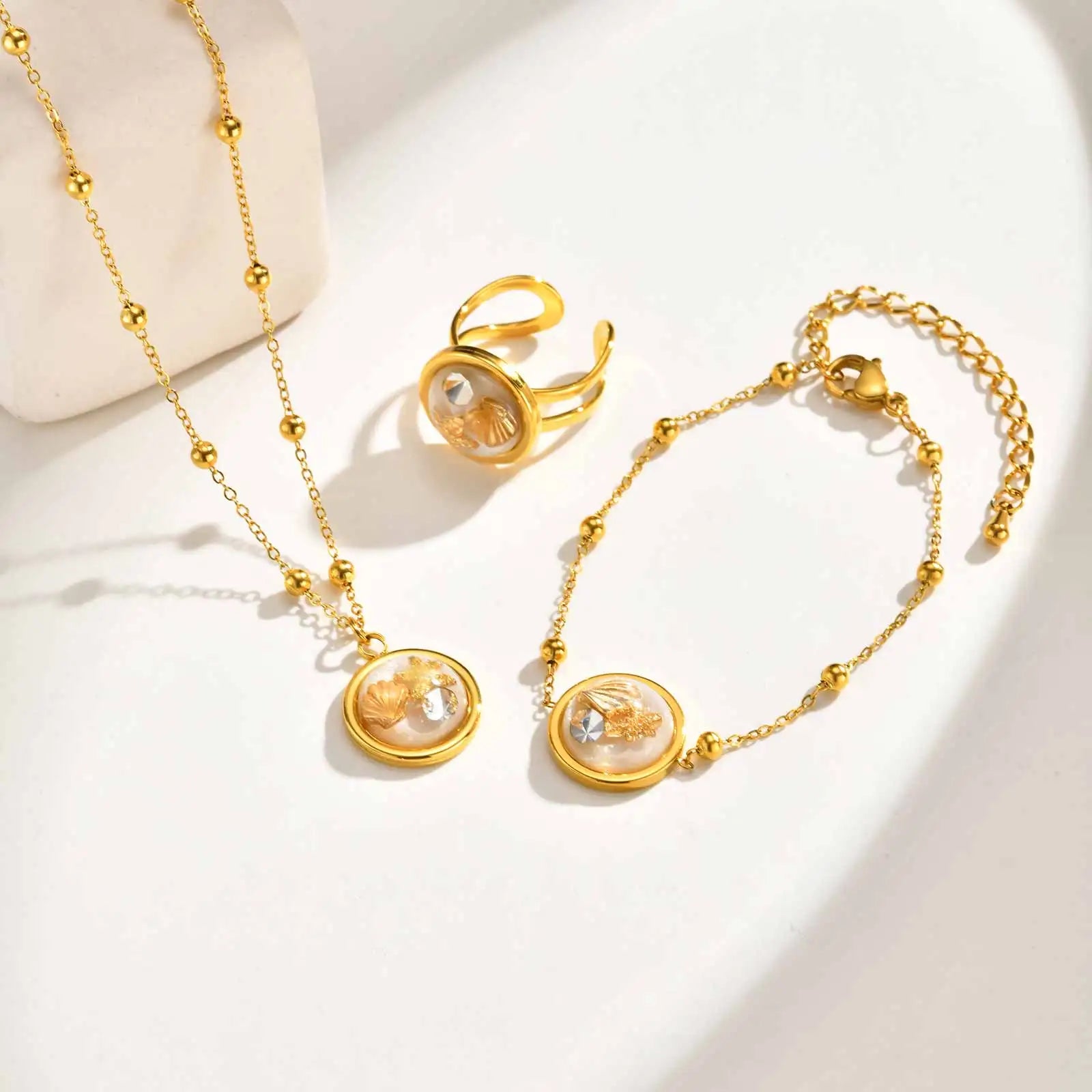 Elegant Zircon Shell Bracelet for Women Girls,Stainless Steel Bead Chain Bracelets,Set Charm Jewelry Party Gift