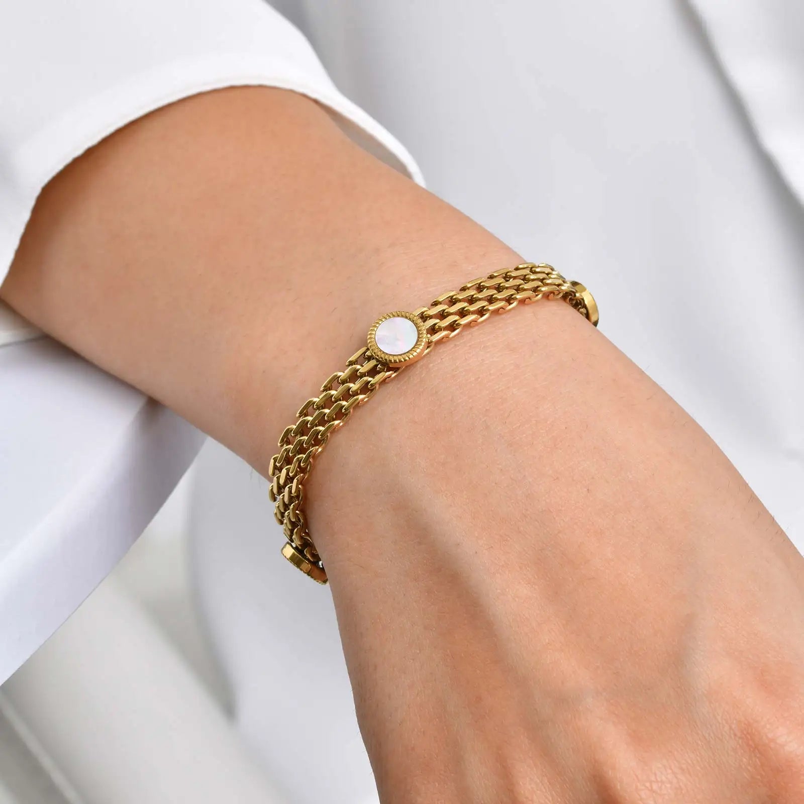 Chic Mesh Strap White Shell Bracelet,Gold Plated Stainless Steel Women's Bracelets,Fashion Waterproof Jewelry Gifts