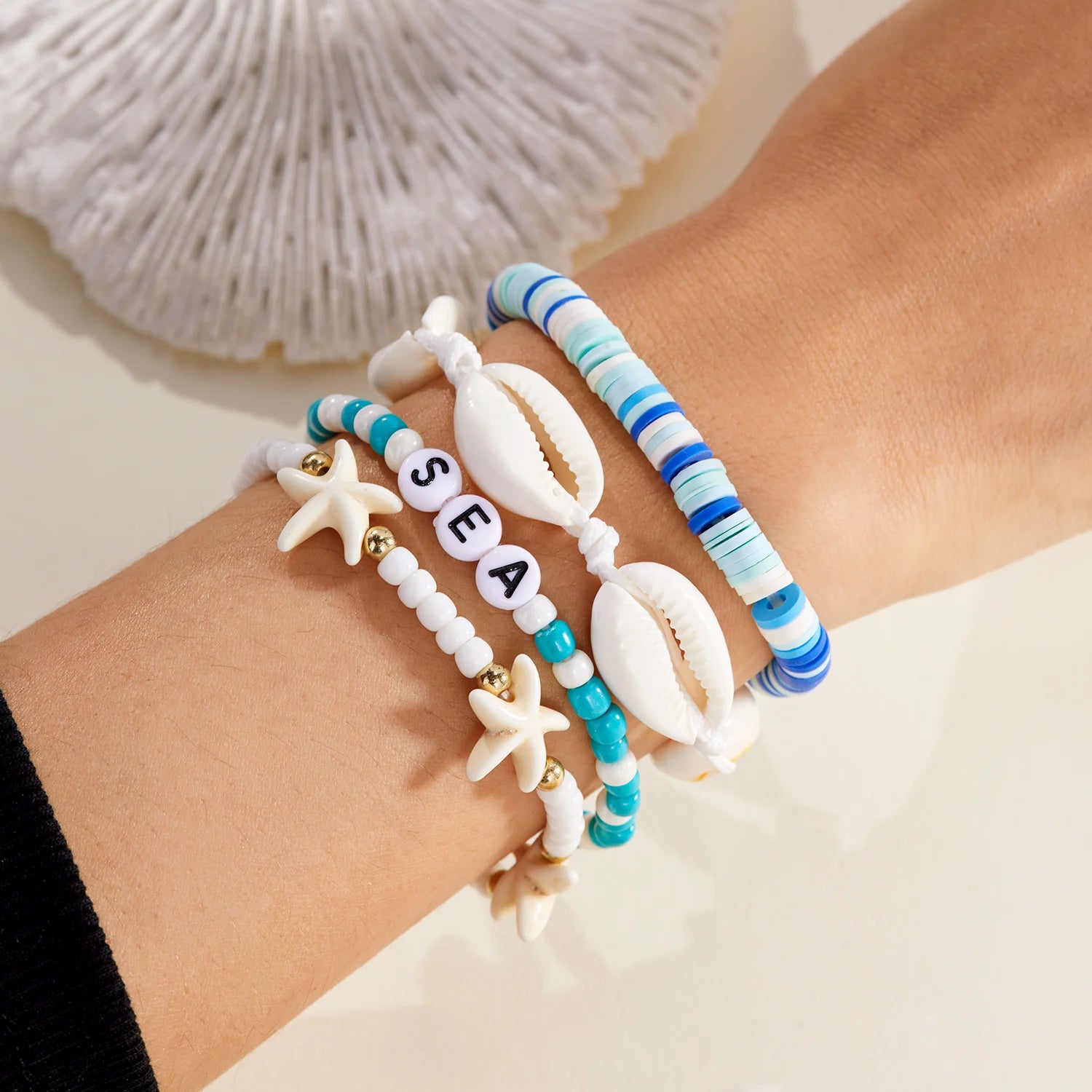 Summer Bohemian Flower Starfish Sea Turtle Pendant Bracelets Set for Women Polymer Clay Colorful Beaded Bangle Beach Jewelry