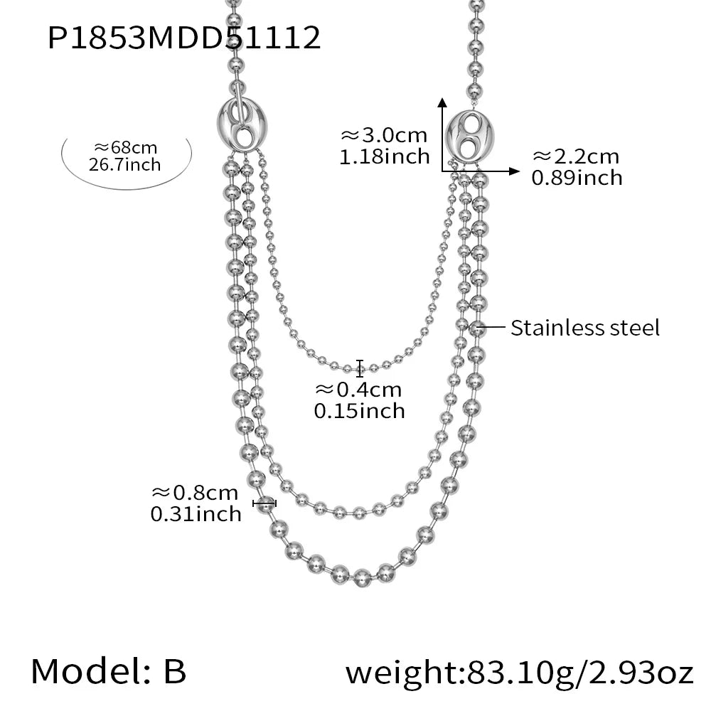 Nivora Simple Beads Chain Three Layer Charm Necklaces for Women Heart Pig Nose Ring Stainless Steel Collar Choker Jewelry