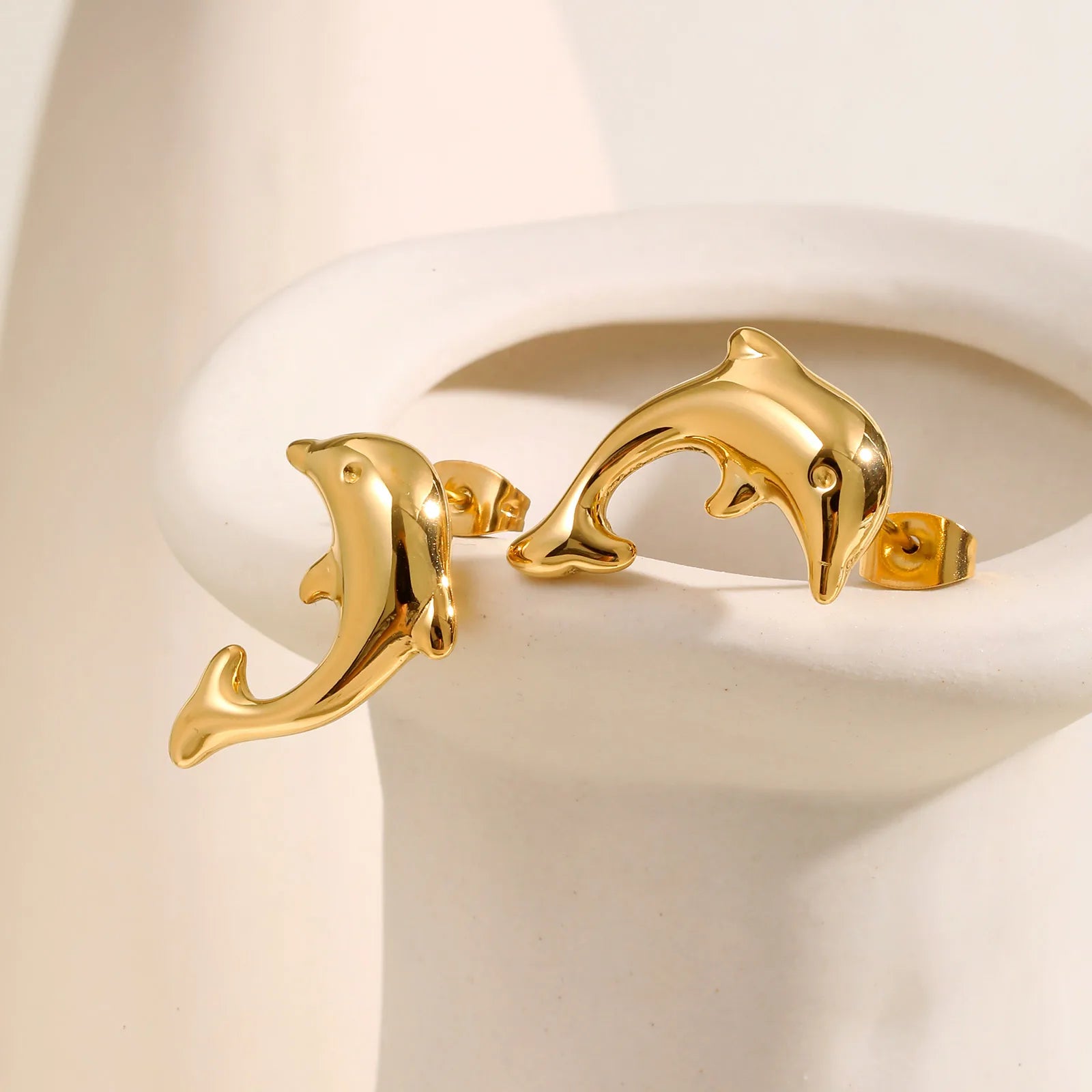Fashionable Dolphin Earrings for Women,Gold Color Stainless Steel Stud Animal Earring,Waterproof Jewelry Gift