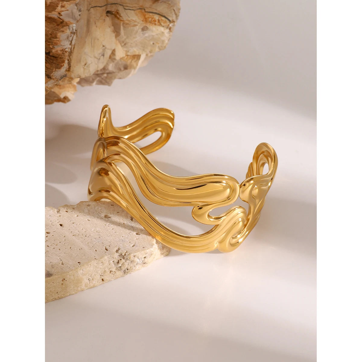 Uworld Waterproof 316l Stainless Steel Irregular Exaggerated Big Cuff Bracelet Bangle Stylish Unique Design Golden Charm