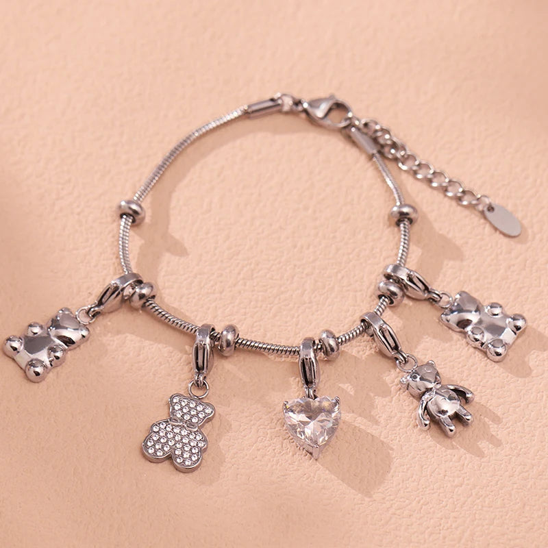 Nivora Cute Little Bear Pendant Heart Zircon Stainless Steel Snake Chian Bracelets For Women Gold Plated Charm Bracelet Jewelry