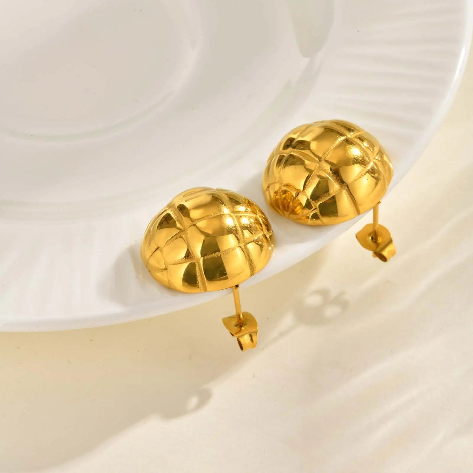 Glossy Hemisphere Braided Stud Earrings,Women's Stainless Steel Ball Earrings Gold Color,Fashion Jewelry Gift