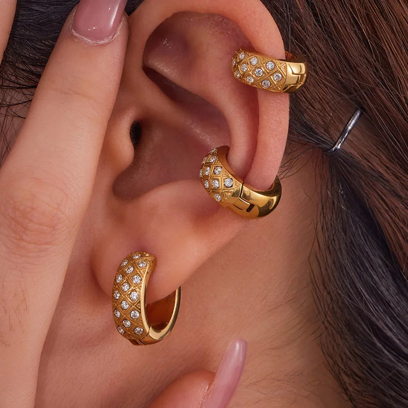 Nivora Stainless Steel Zircon Women Hoop Earrings Metal Texture PVD Gold Plated Hypoallergenic Wedding Banquet Earrings Jewelry