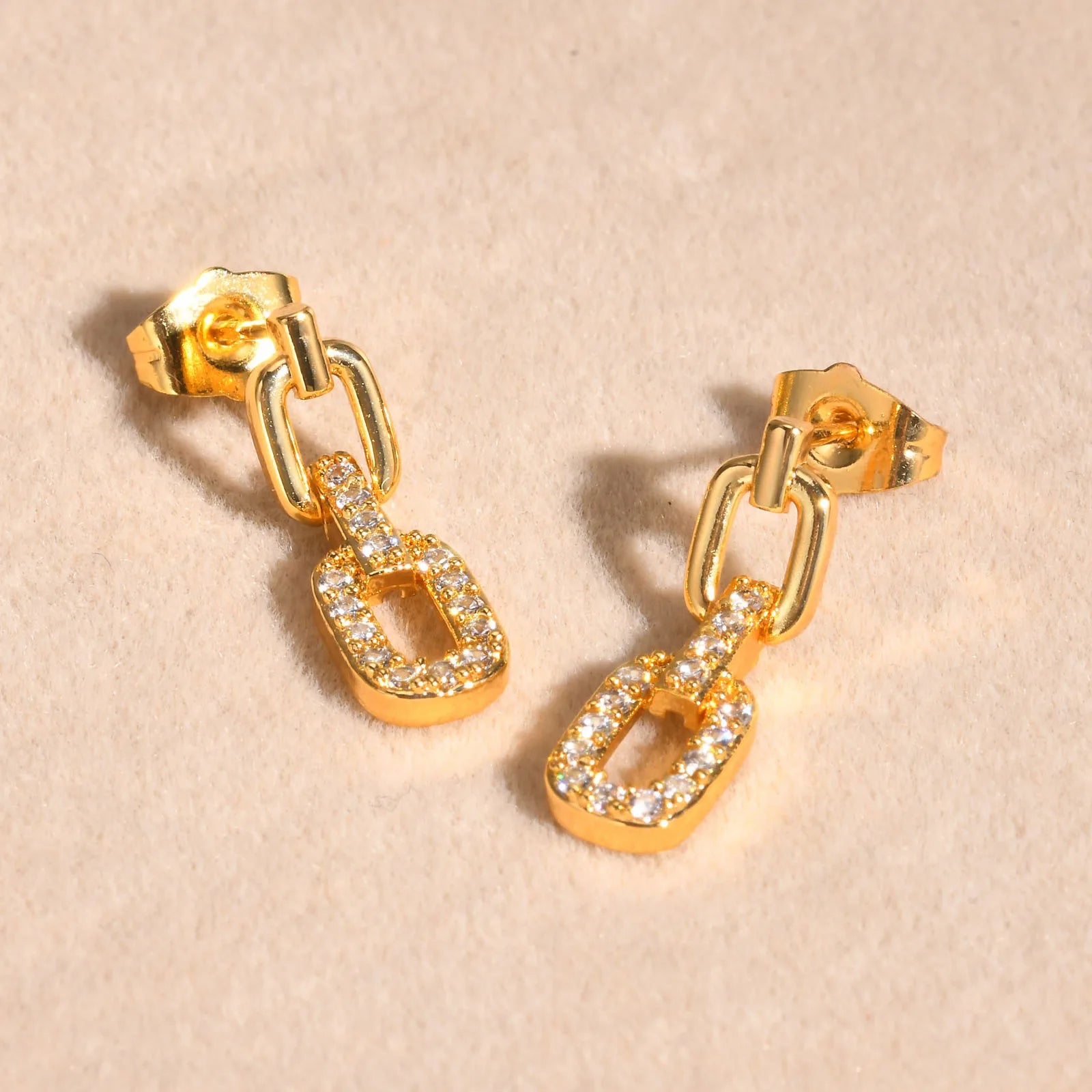 Dainty Bling Paperclip Chain Drop Earrings for Women Girls, Gold Plated Metal Rectangle Link Dangle AAA Cubic Zirconia Stone