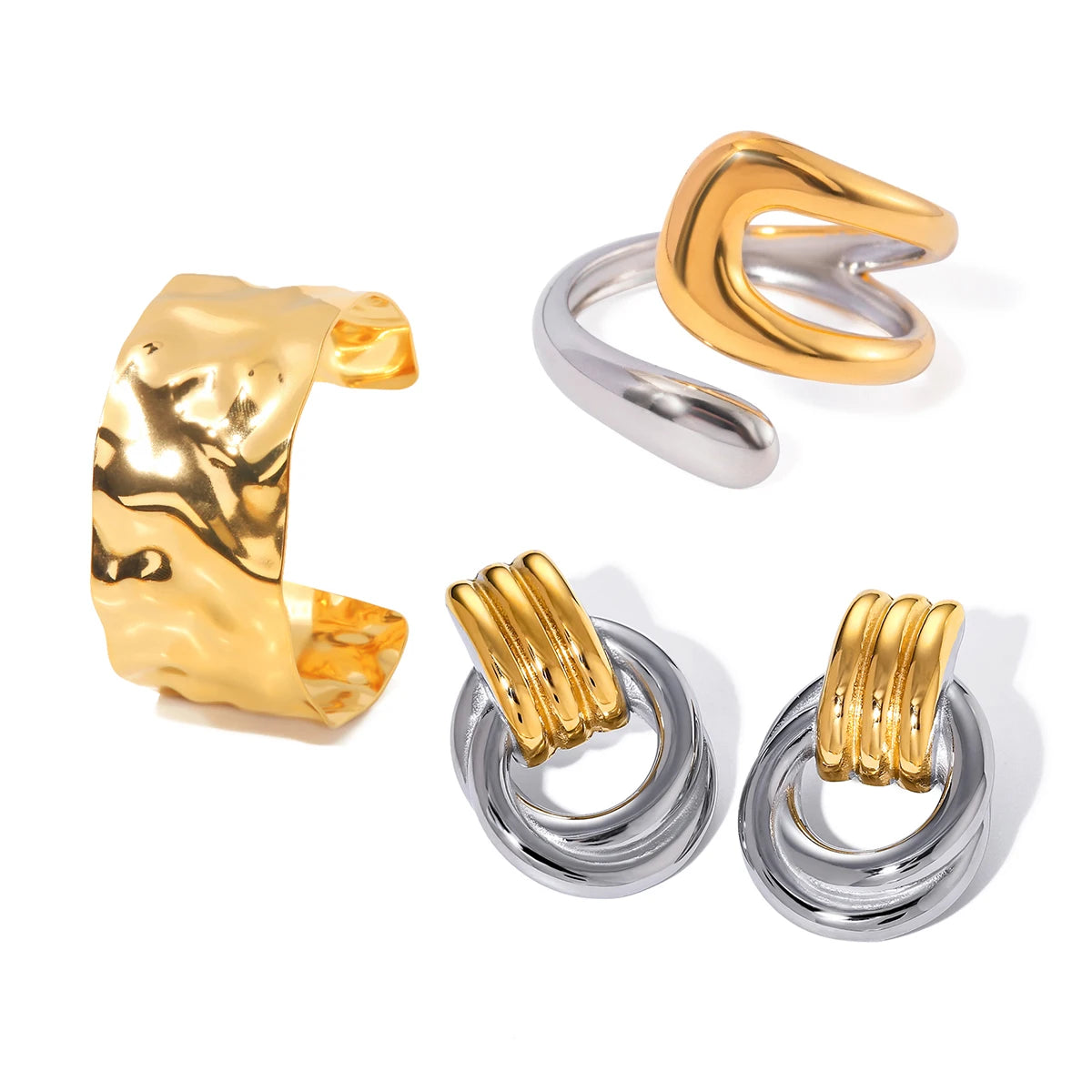 Uworld Fashion 4PCS Jewelry Set Wide Face Bracelet Two Tone Ring Women's Jewelry Commuting Attire Gift For Her