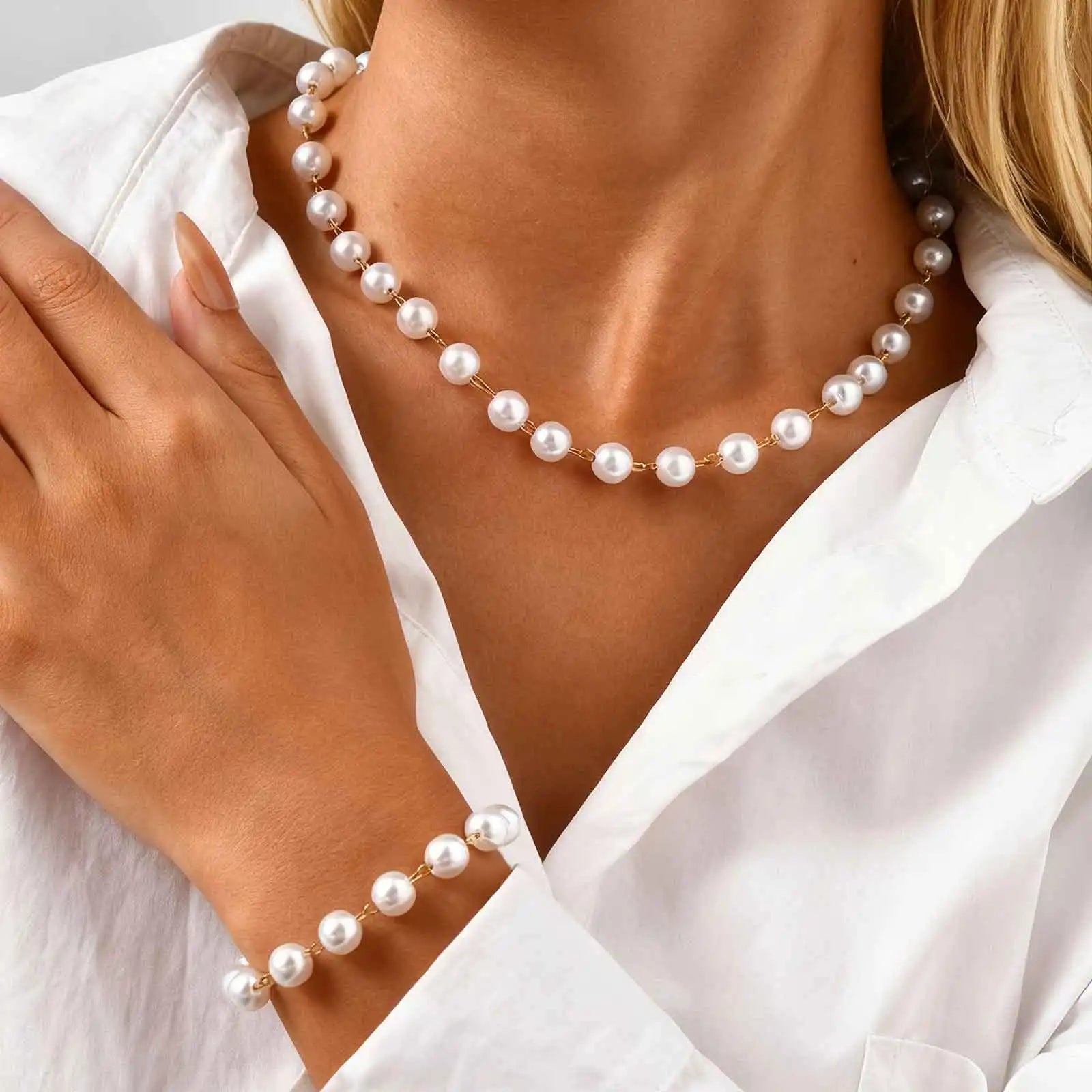 Elegant Imitation Pearl Bracelet for Women,Stainless Steel Waterproof  Beaded Chain Bracelets,Daily New Fashion Jewelry Gift