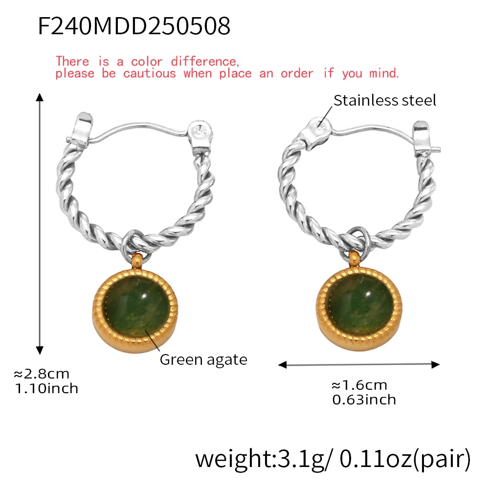 Nivora Stainless Steel Twisted Dangle Earrings For Women Chinese Style Green Agate Hoop Earrings Lady Fashion Basic Jewelry