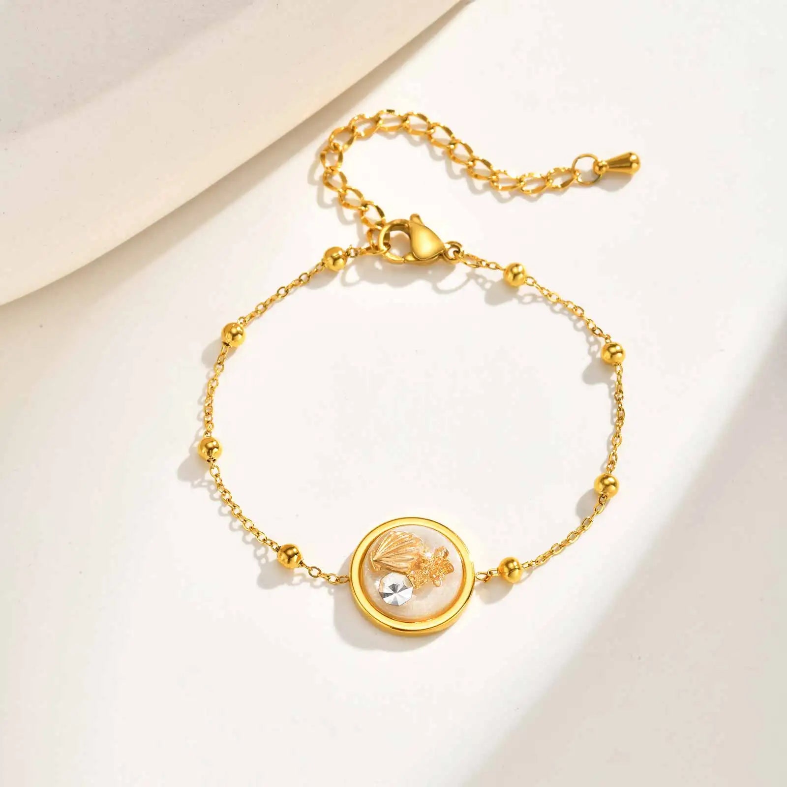 Elegant Zircon Shell Bracelet for Women Girls,Stainless Steel Bead Chain Bracelets,Set Charm Jewelry Party Gift