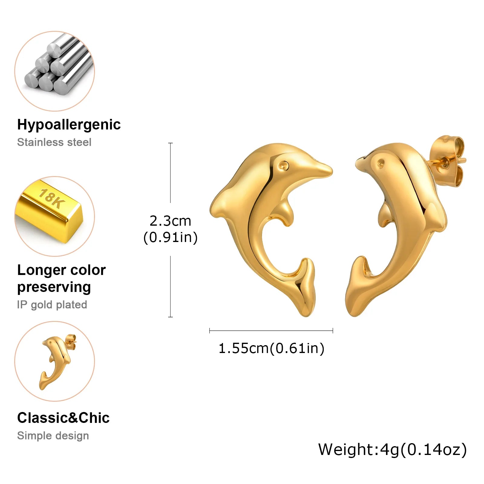 Fashionable Dolphin Earrings for Women,Gold Color Stainless Steel Stud Animal Earring,Waterproof Jewelry Gift