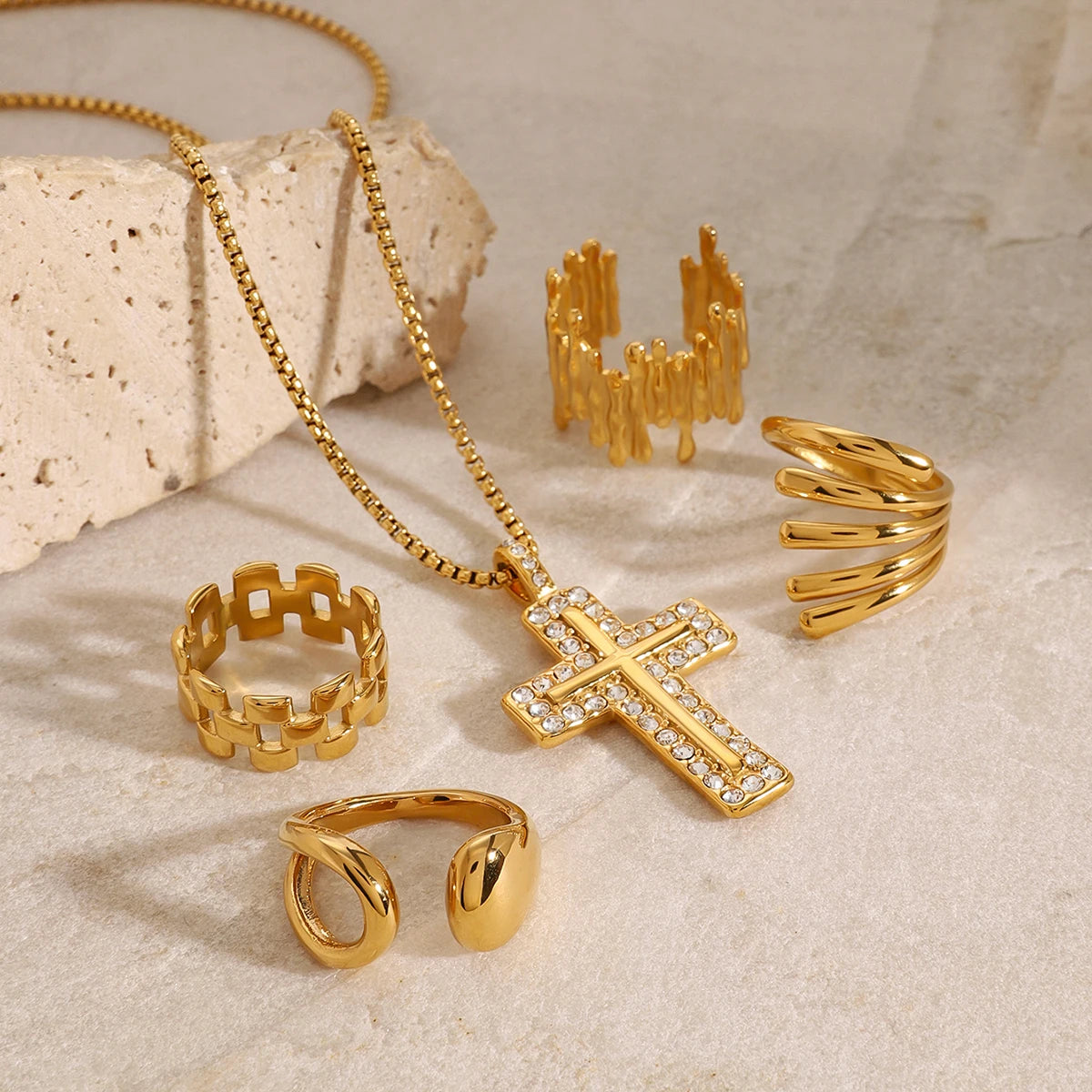 Uworld Fashion 5pcs Stacked Ring Jewelry Set Cross Necklace Linear Ring Women's Jewelry Gift for Her